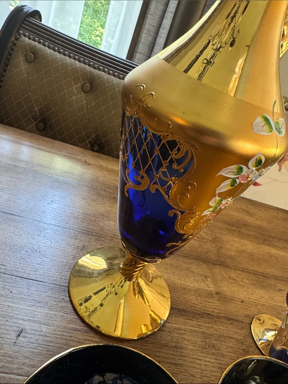 MURANO Venice Italy Blue Glass Decanter Set 7 | 6 Wine Glasses 24kt Gold Leaf - Picture 7 of 10